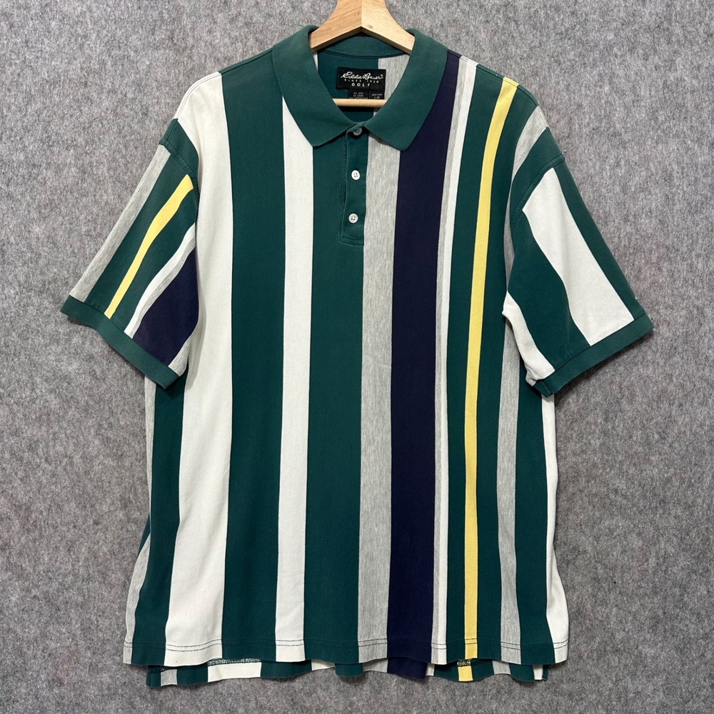Vintage Eddie Bauer Golf Mens Sz L Green rugby Striped Short Sleeve Polo Shirt